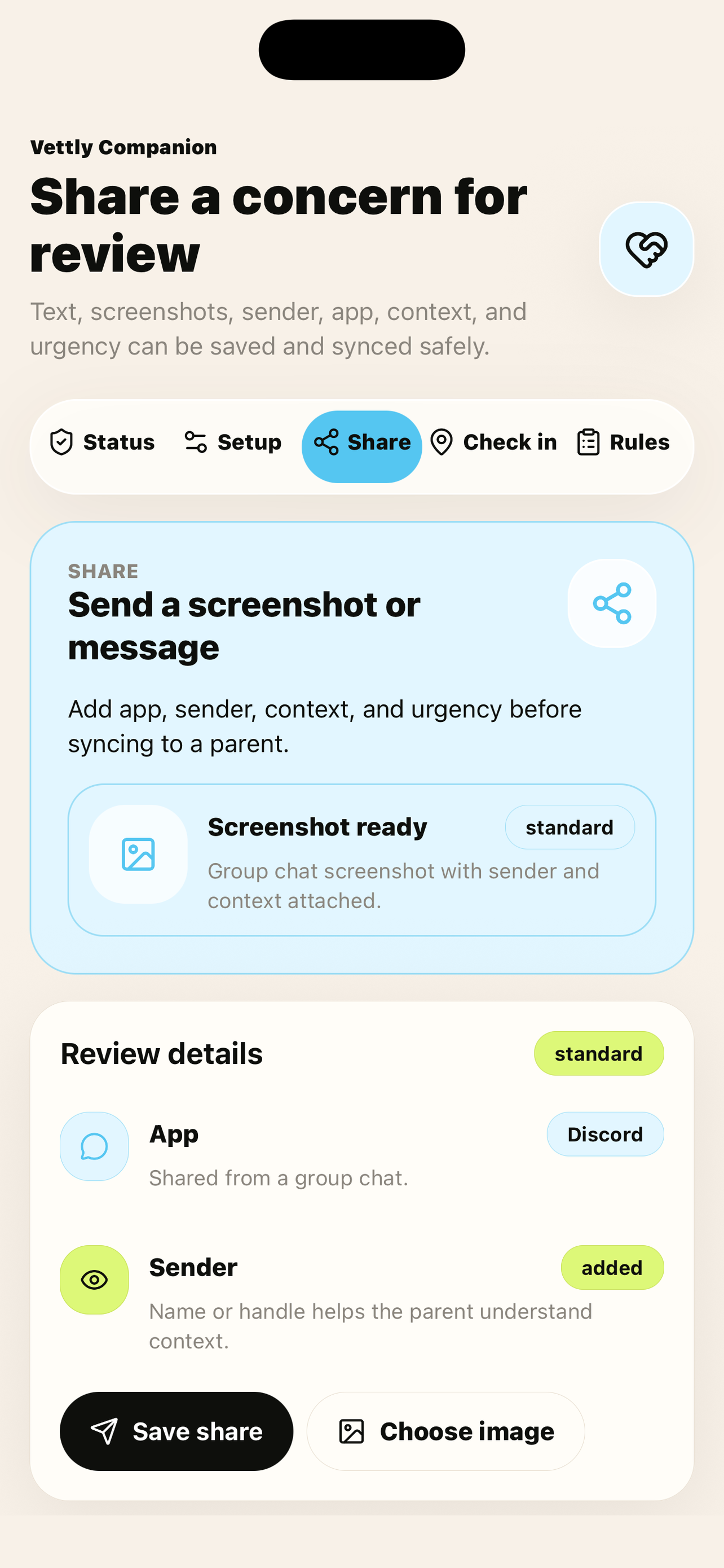 Vettly Companion share for review screen
