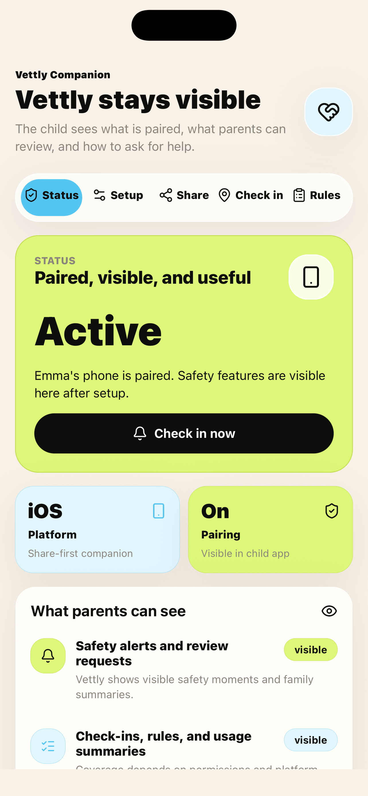 Vettly Companion status screen