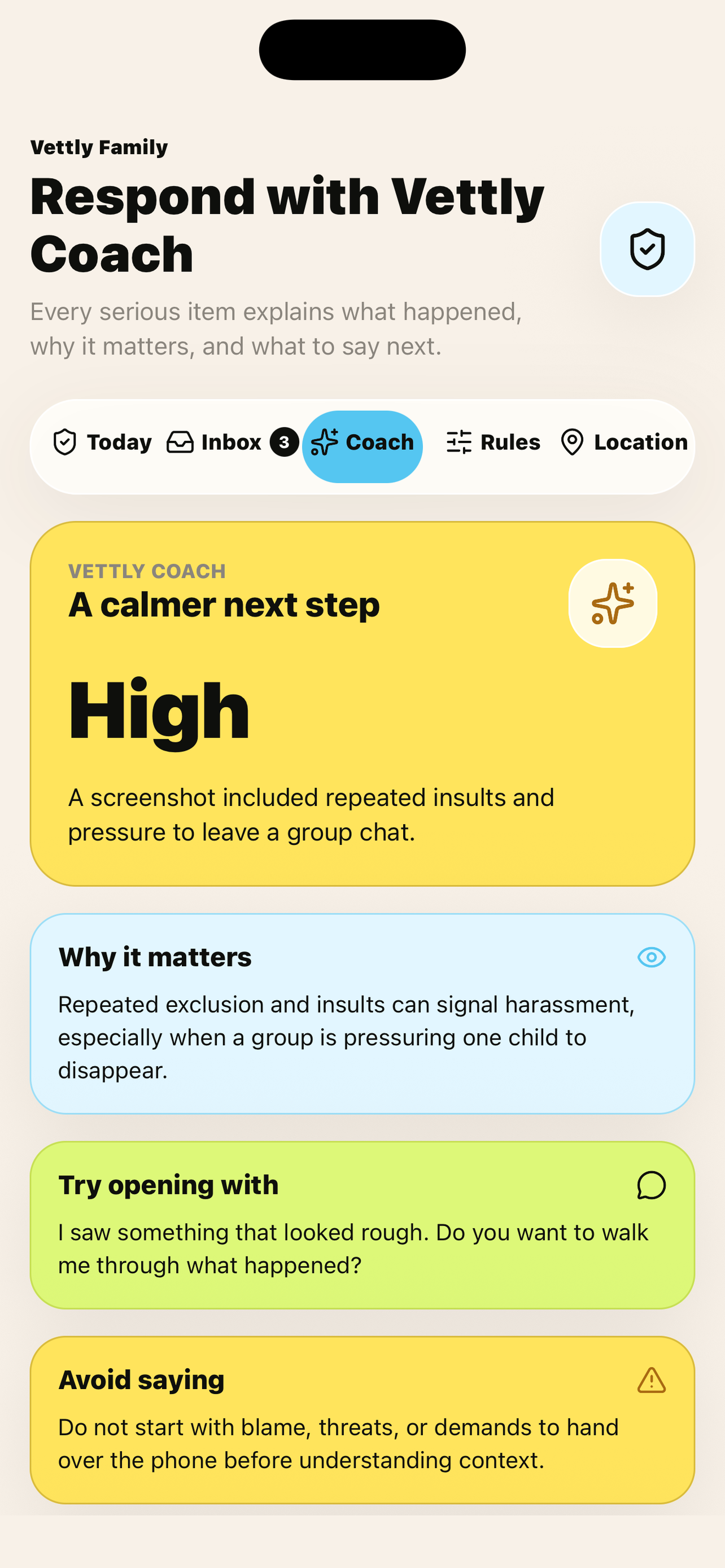 Vettly Coach guidance screen