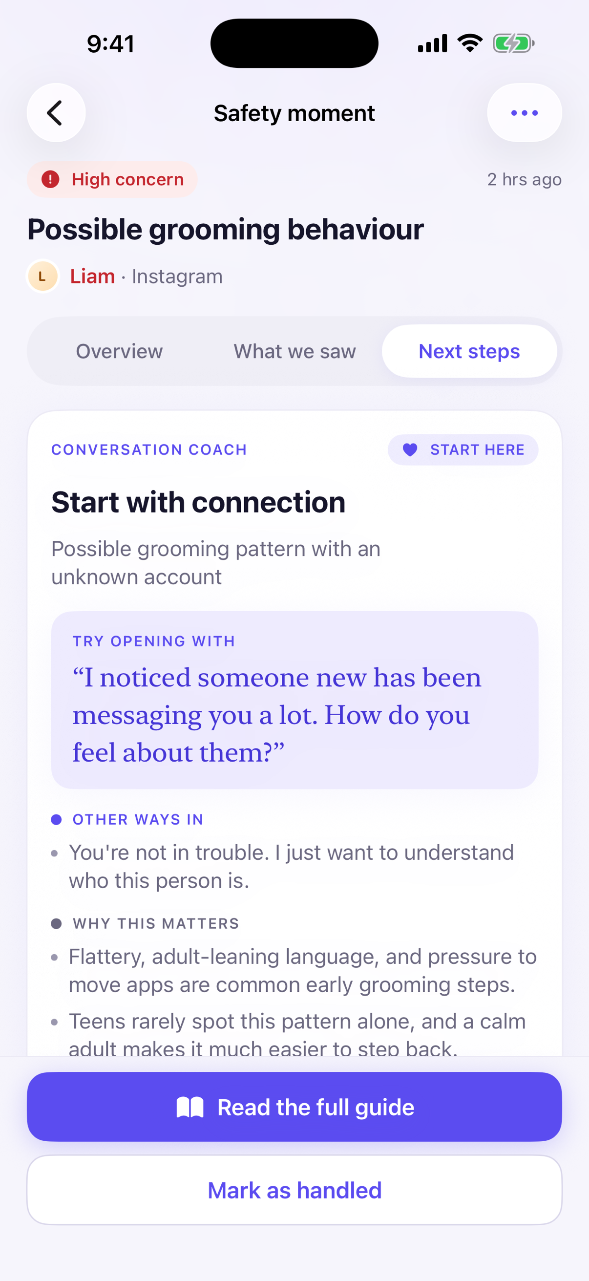 Vettly Family Conversation Coach with a suggested opener and guidance