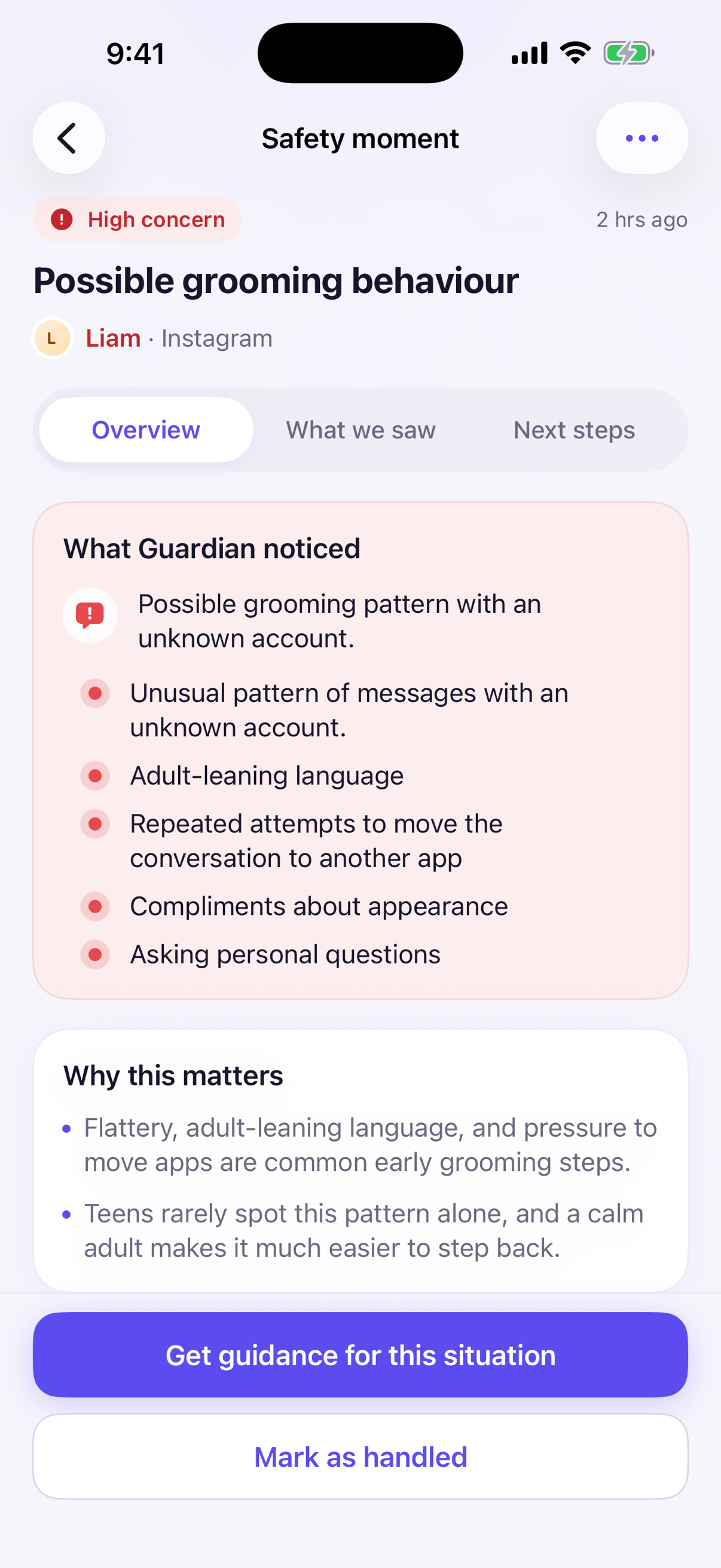 Vettly Family alert detail showing what Guardian noticed and why it matters