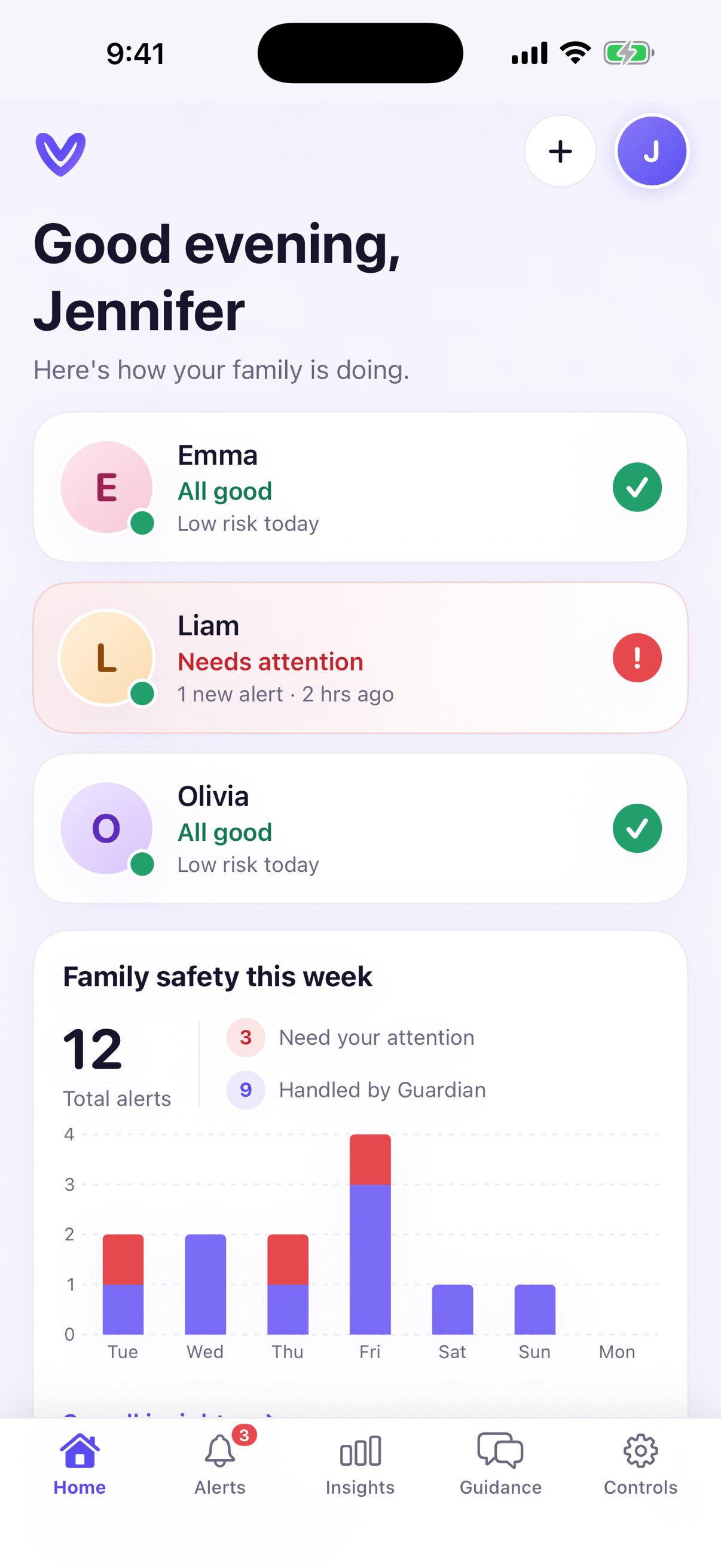 The real Vettly Family home screen with each child's status and this week's alerts