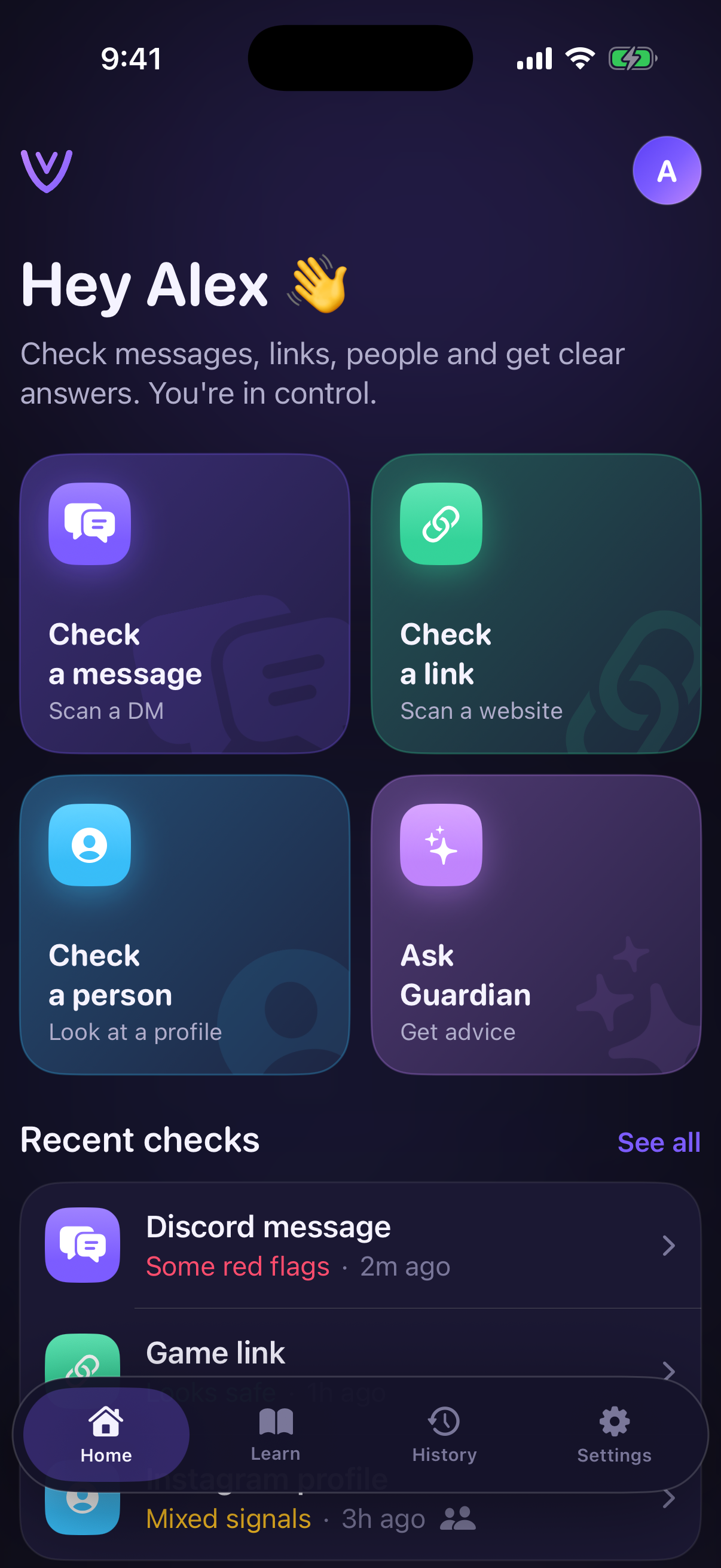 Teen check hub with message, link, person, and Ask Guardian checks