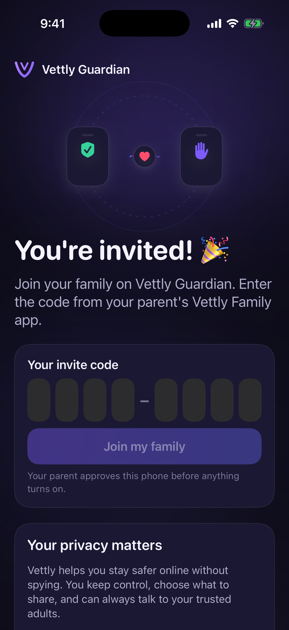 Teen app invite screen asking for the parent's code before anything turns on