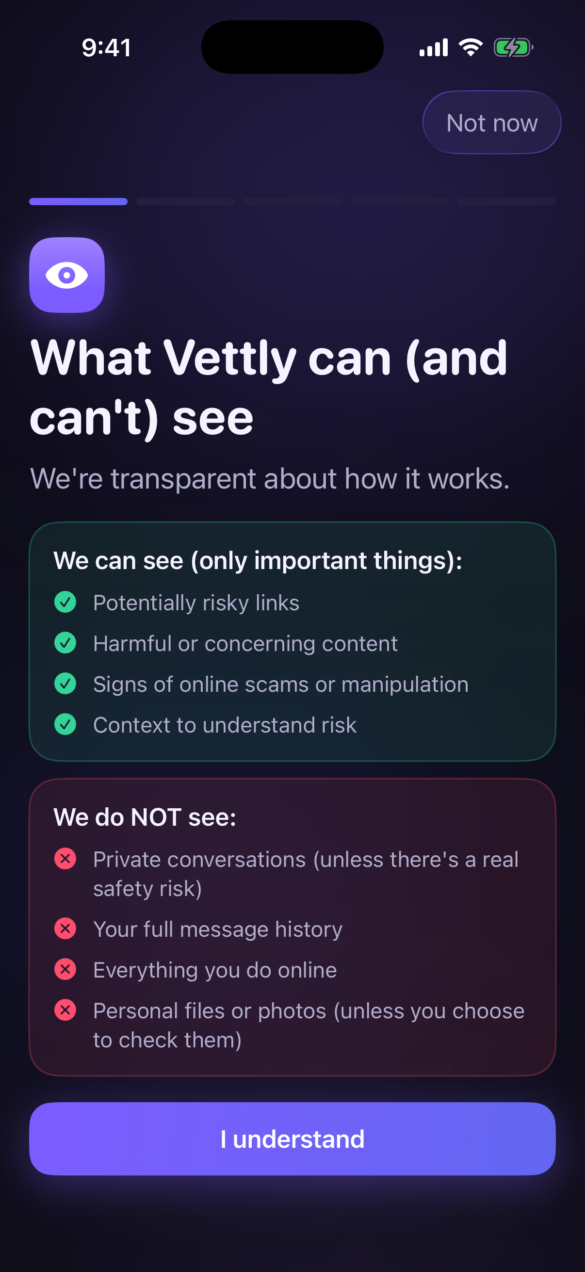 Teen app screen listing what Vettly can and can't see